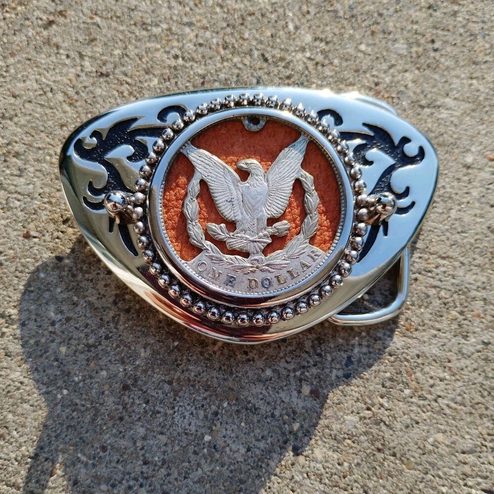 Vintage One Dollar Coin Belt Buckle Western Scroll Silver Tone 80s Eagle USA